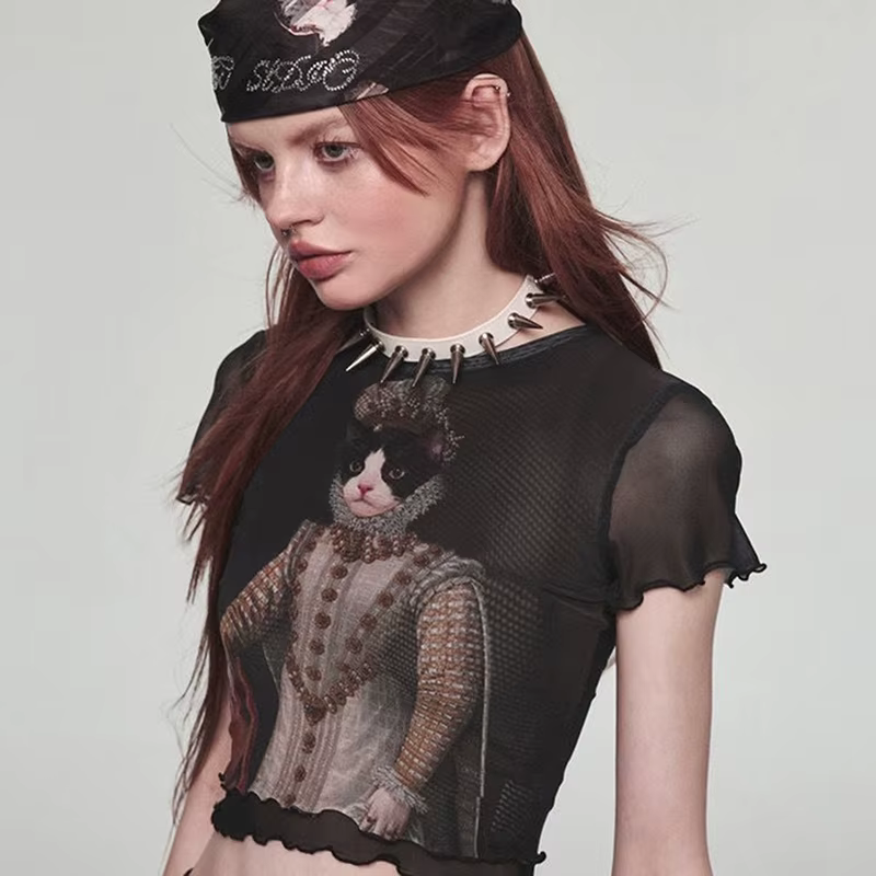 Y2K-T-shirt à manches courtes en maille de dentelle pour femmes, haut court imprimé chat, transparen