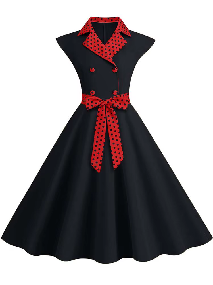 Col cranté Vintage solide robes de soirée femmes été sans manches ceinturé Midi balançoire robe d'ét