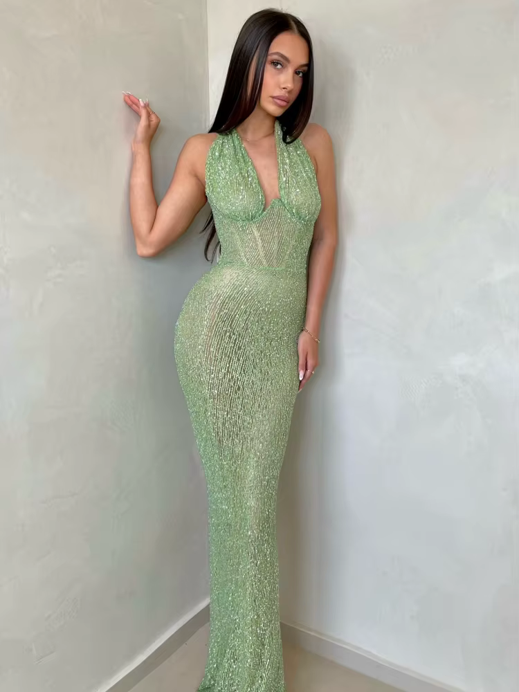 Robe longue à paillettes pour femmes, Sexy, col en V profond, col licou, vert, sans manches, dos nu,