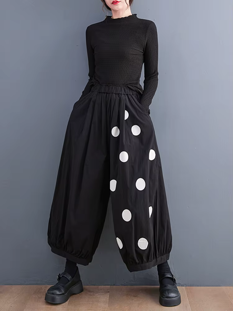 Pantalon large noir vintage à pois taille haute élastique pour femme, nouvelle collection printemps 