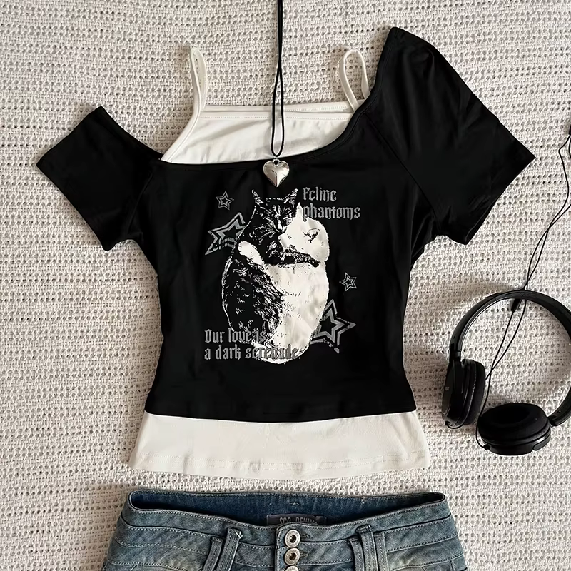 Asthetische Goth Fledermaus Brief Y2K Stil zweitelige T-Shirt Kurzarm Weste Harajuku Streetwear Hose