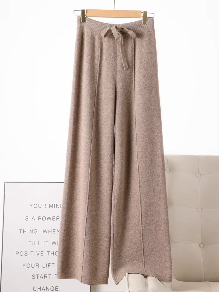 Pantalon tricoté en laine mérinos pour femme, jambes larges, basique, doux et chaud, en cachemire, d