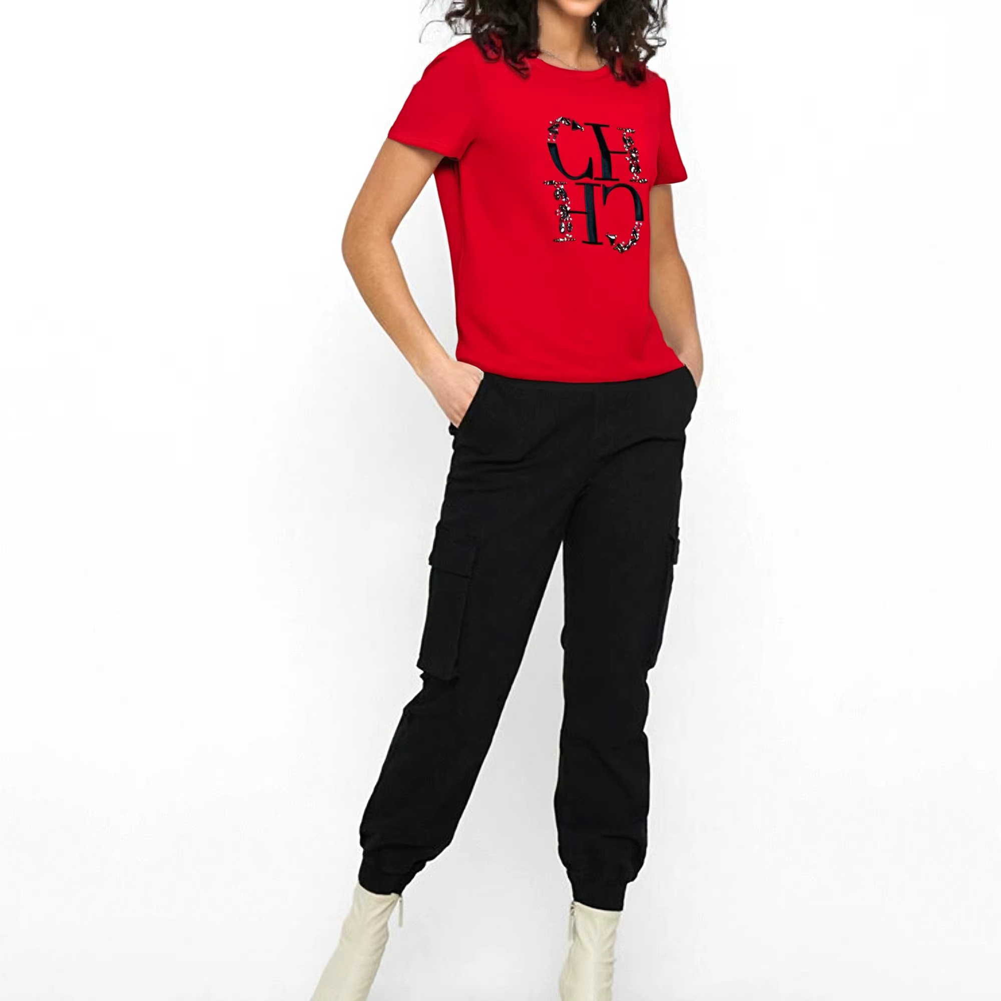 CHCH T-shirt femme 2025 nouveau brodé à la main industrie lourde haut décontracté Simple col rond ma
