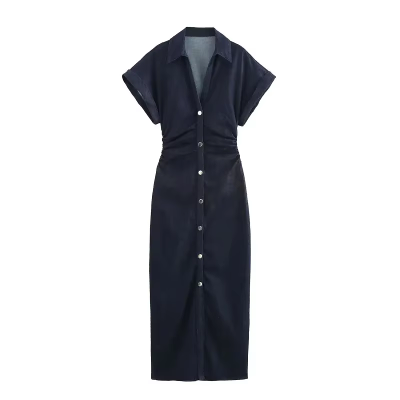 Printemps nouvelle série 1975 denim robe MIDI avec revers côté fermeture éclair mode rides taille mi