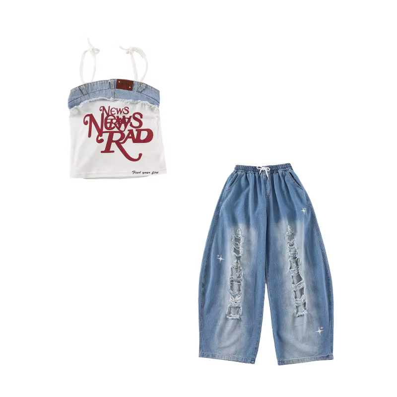 Filles Hip Hop Crop Débardeur Débardeur Déchiré Jeans Enfants K-pop Cami Top Denim Pantalon Street D