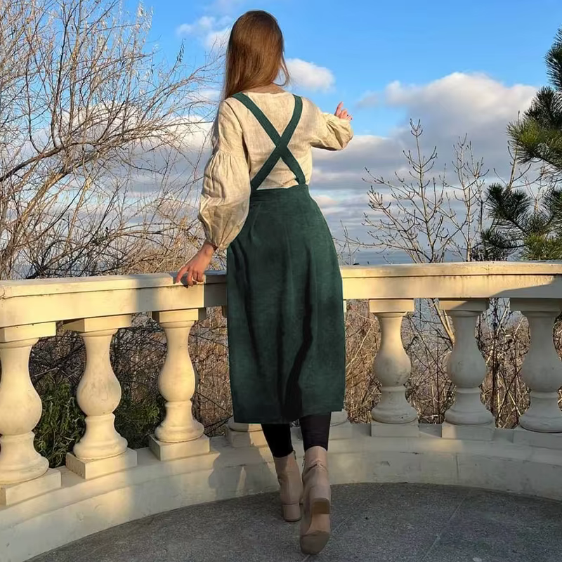 Robe en velours côtelé pour femme, robe chasuble mi-longue, dos croisé, vintage, ensemble une pièce,