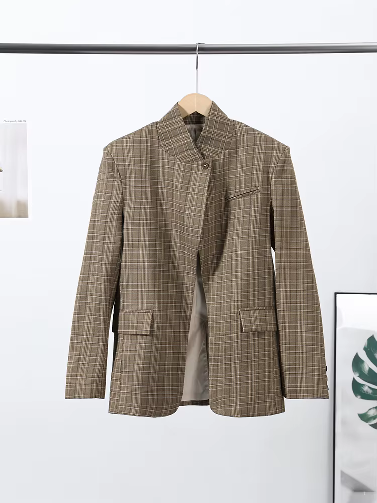 Blazer à carreaux pour femme, col montant, manches longues, bouton unique, poches, veste de bureau d