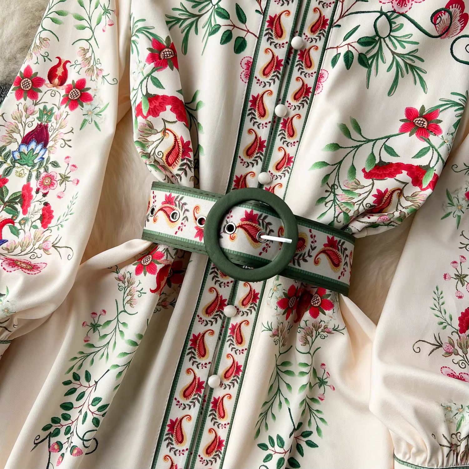 Robe Longue à Col Montant pour Femme, Manches Lanternes, Imprimé Floral, Simple Boutonnage, Ceinture