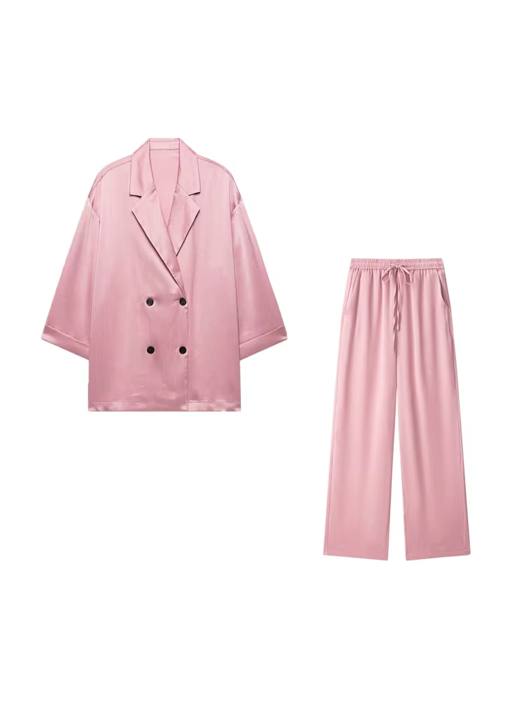 Manteau Blazer ample à Double boutonnage pour femmes, pantalon à jambes larges à taille haute élasti