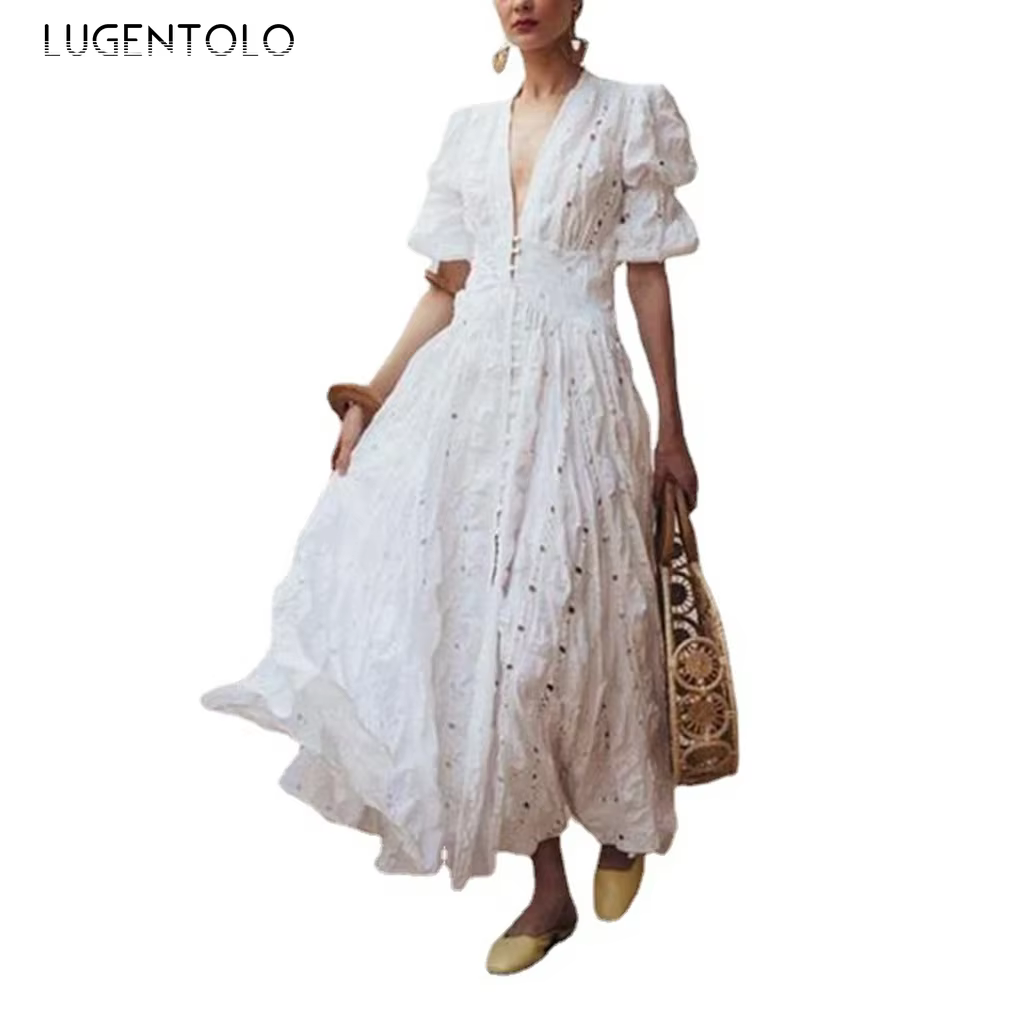 Lugentolo-Robe en dentelle blanche pour femme, manches courtes, col en V profond, mince, grande bala