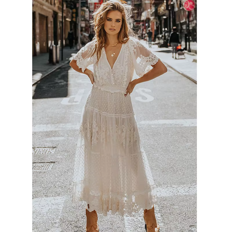 Robe femme blanc évider coton robe d'été dentelle sans manches longue épissage été fête élégante soi