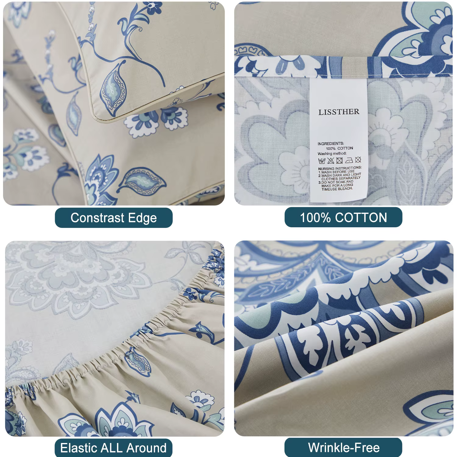 Ensemble de draps en coton égyptien 100% 600TC, 4 pièces, motif Paisley damassé bleu Boho, doux pour