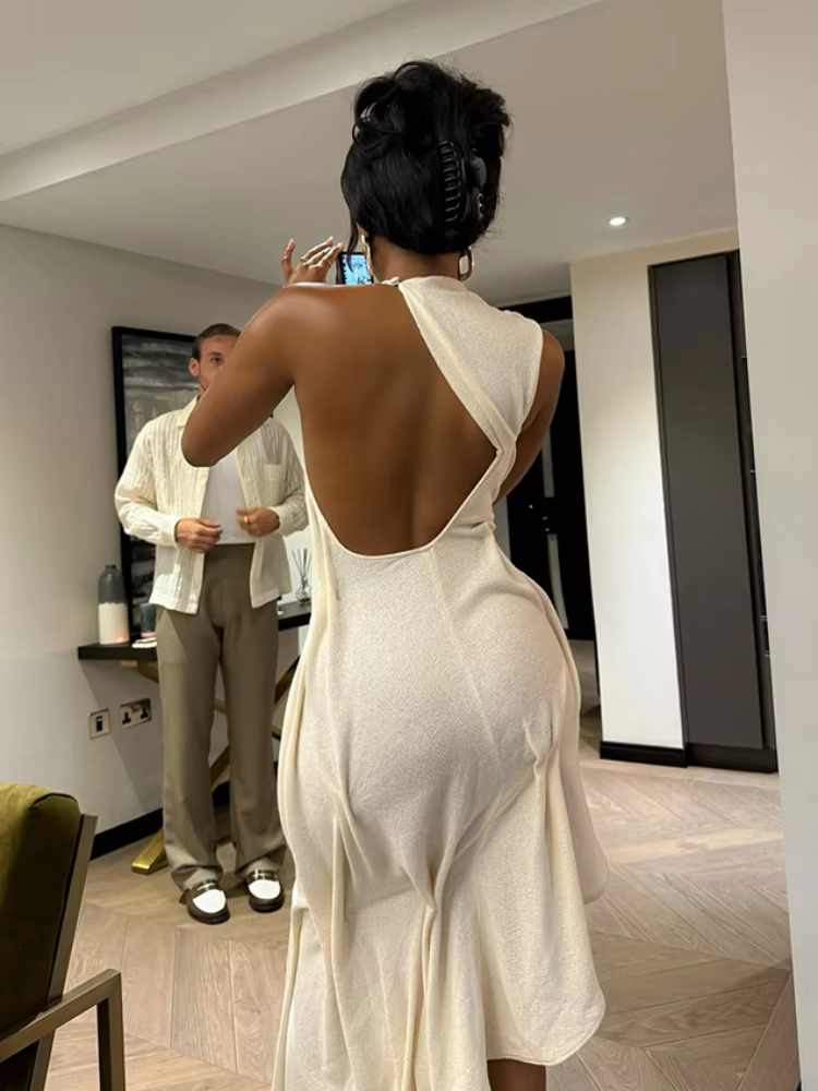 Robe de soirée longue chic et élégante pour femme, coupe asymétrique à volants, sans manches, ajusté