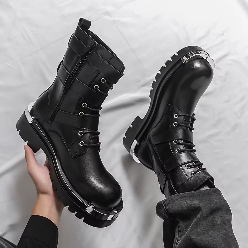 Bottes Chelsea pour hommes, couleur unie, semelle épaisse, hauteur augmentant, haut en métal, gros o