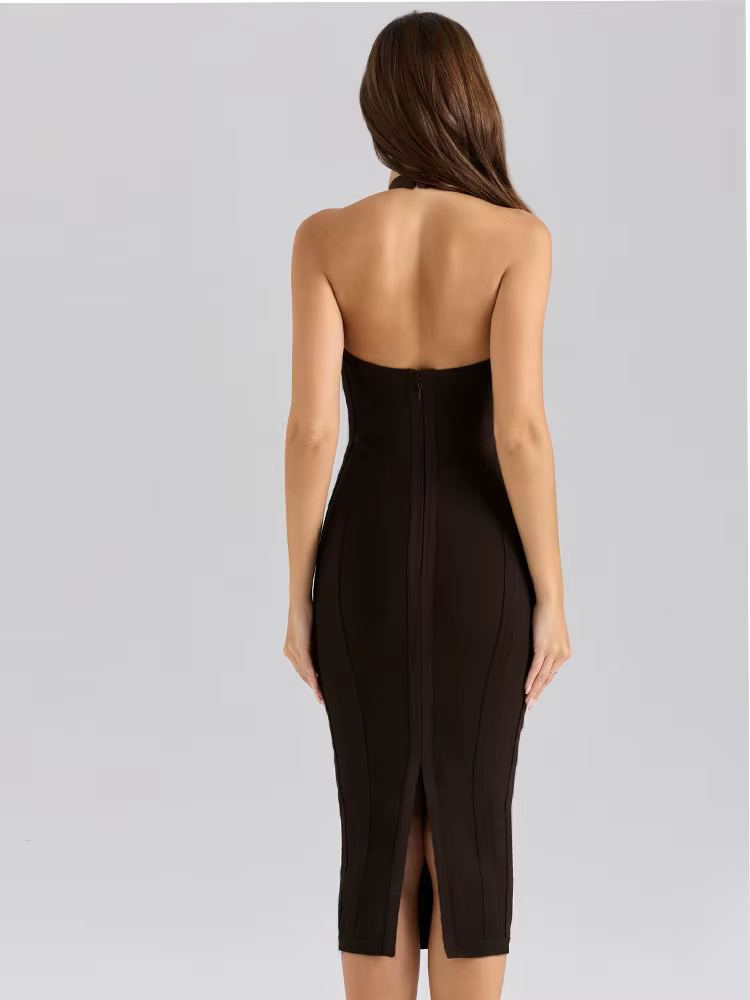 Robe moulante mi-longue à col en V profond et dos nu, style bandage, sexy et tendance, pour femme, i