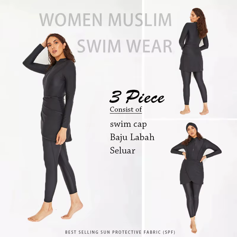 Maillot de Bain Musulman à Manches sulfpour Femme, Burkini, Turban, 3 Pièces