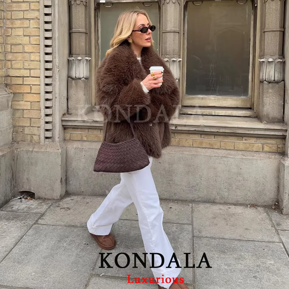 KONDALA décontracté marron épais fourrure vestes femmes à manches longues col en V automne hiver fau