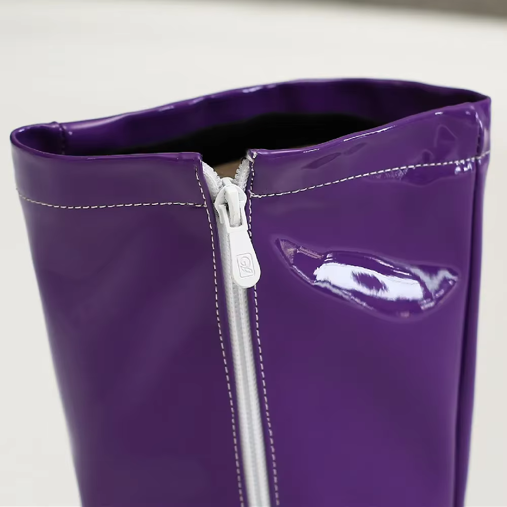 Femmes jaune genou haute plate-forme bottes couleur bonbon rouge vert violet cuir verni talons épais