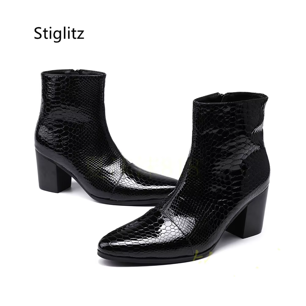 Bottines en cuir véritable pour hommes, noir et rouge, talons hauts de 8Cm, motif serpent rétro, bou