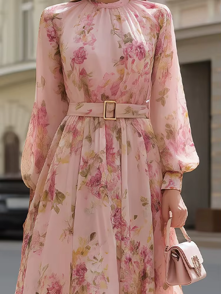Robe longue chic à imprimé patchwork pour femme, manches bouffantes, col rond, idéale pour les fêtes