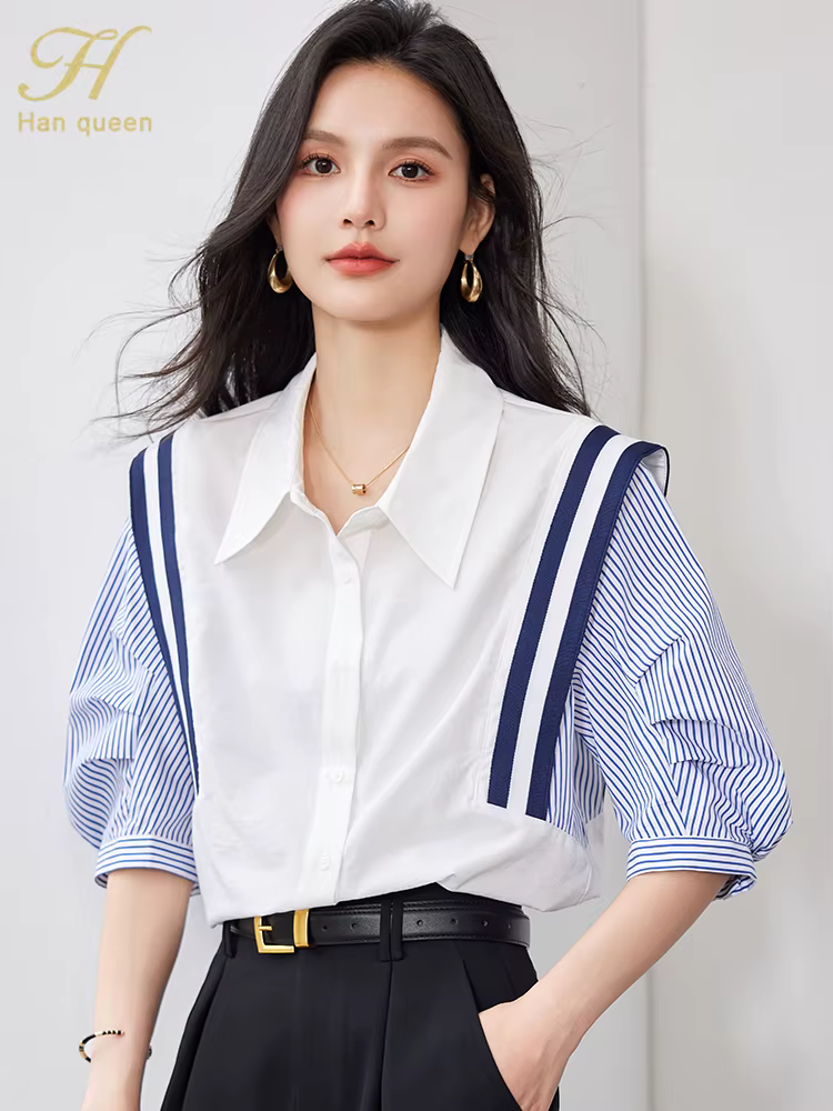 Été coréen femmes Colorblocking rayures Vintage hauts en mousseline de soie à manches courtes décont