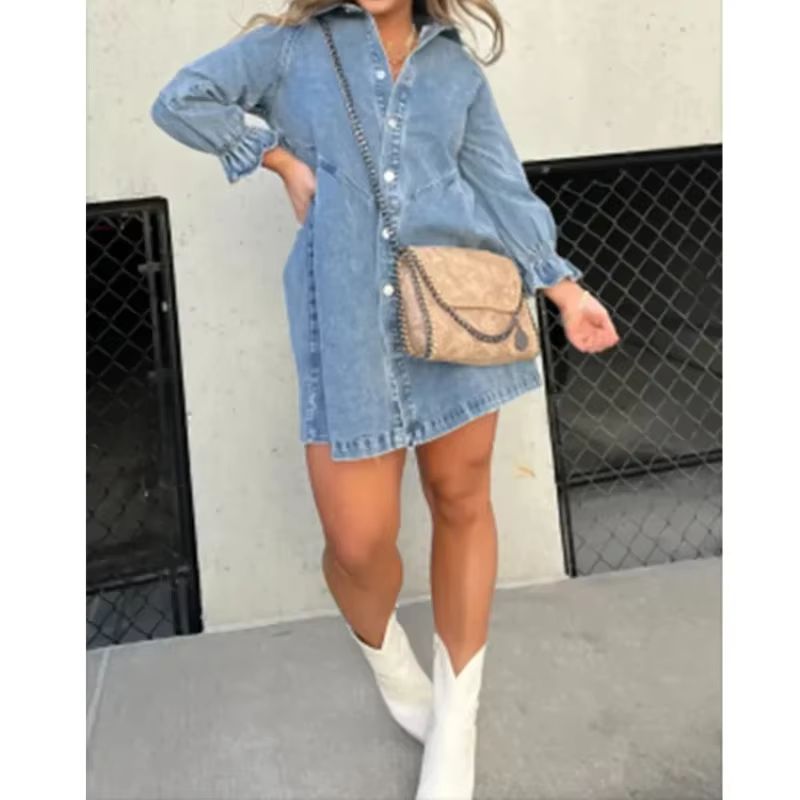 Robe chemise en jean pour femme, col rabattu, manches lanterne, simple boutonnage, ligne A, robe édu