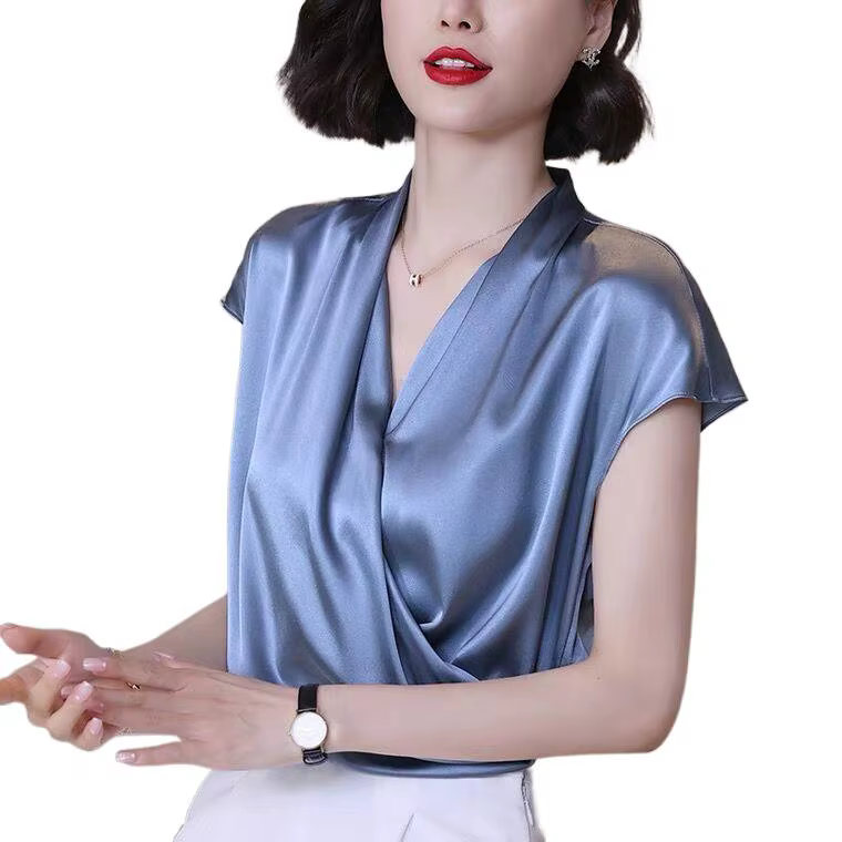 2026 été belles chemisiers pour femmes mode mousseline de soie col en V femmes Blouses Satin bureau