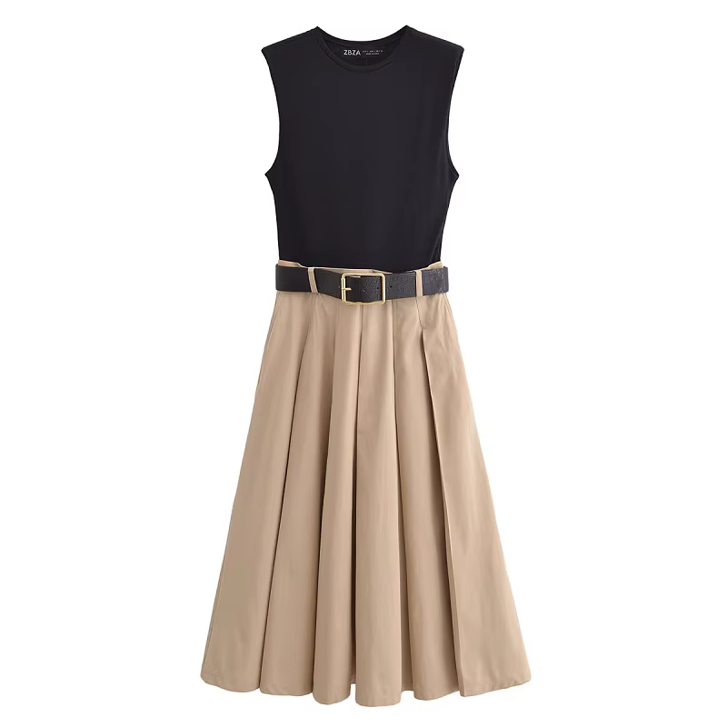 MUJER 2025 femme robes ceinture plissée robe mi-longue femmes sans manches robe d'été femme tricoté 