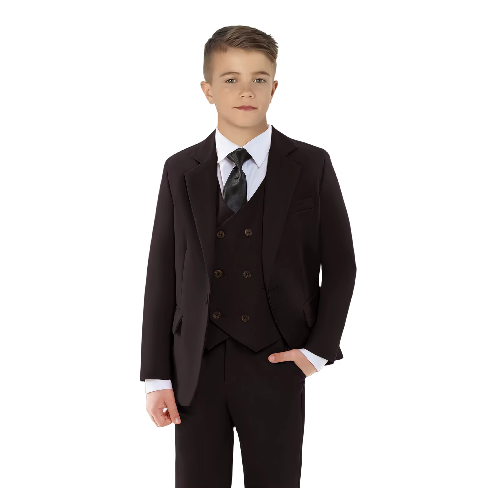 Ensemble de costume 4 pièces solide pour garçon, veste Blazer à bouton unique, gilet, pantalon avec
