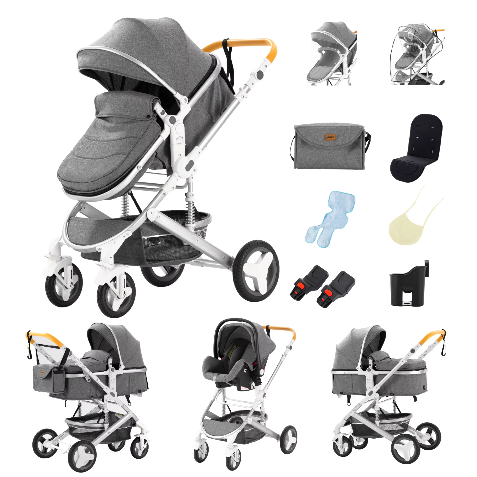 Poussette 3-en-1 pour bébé, compacte, tout-terrain, haute position, 4 roues, capacité 0-36 kg, pliab