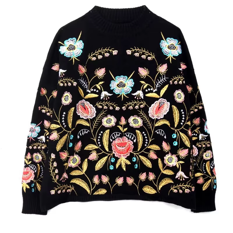 Pull Vintage brodé à col rond et fleurs pour femme, haut ample, coréen, à manches longues, à la mode