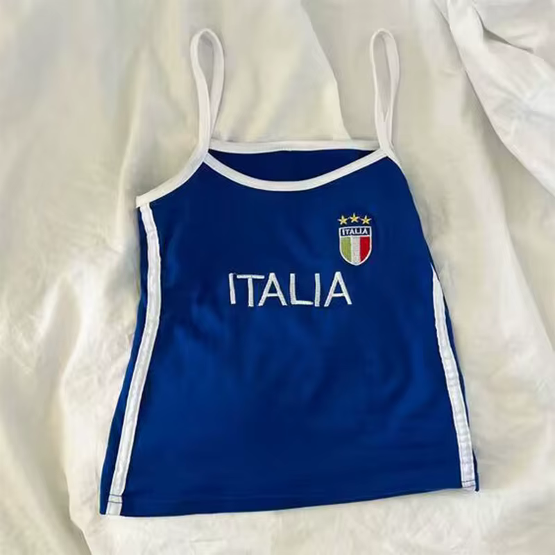 Camisole brodée italienne pour femme, sangle spaghetti bleue, haut court décontracté, streetwear bas