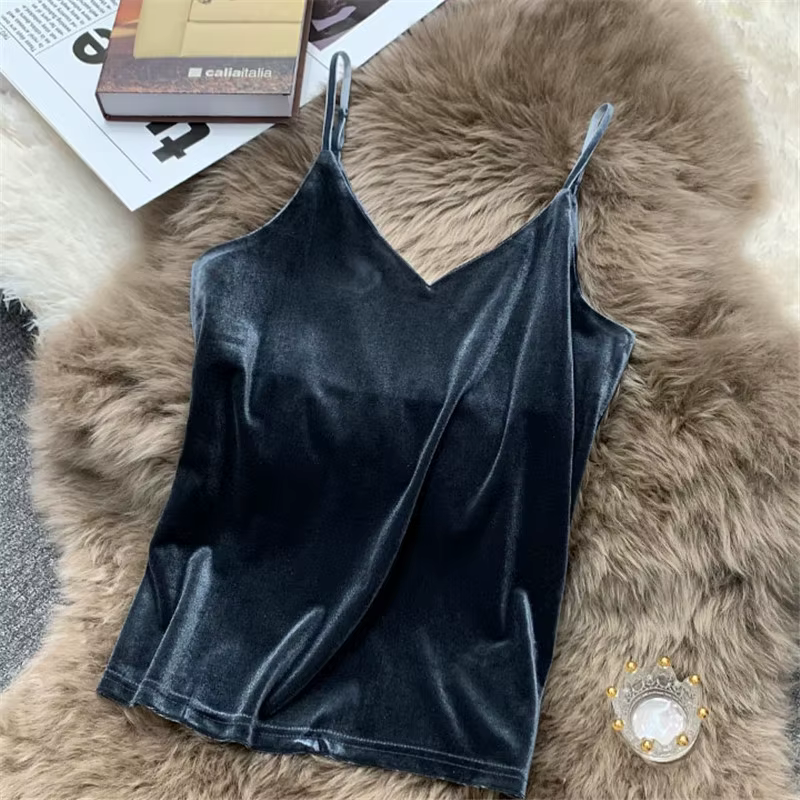 Blusa mujer moda mode sexy femmes velours débardeur haut court été coréen streetwear or velours cami