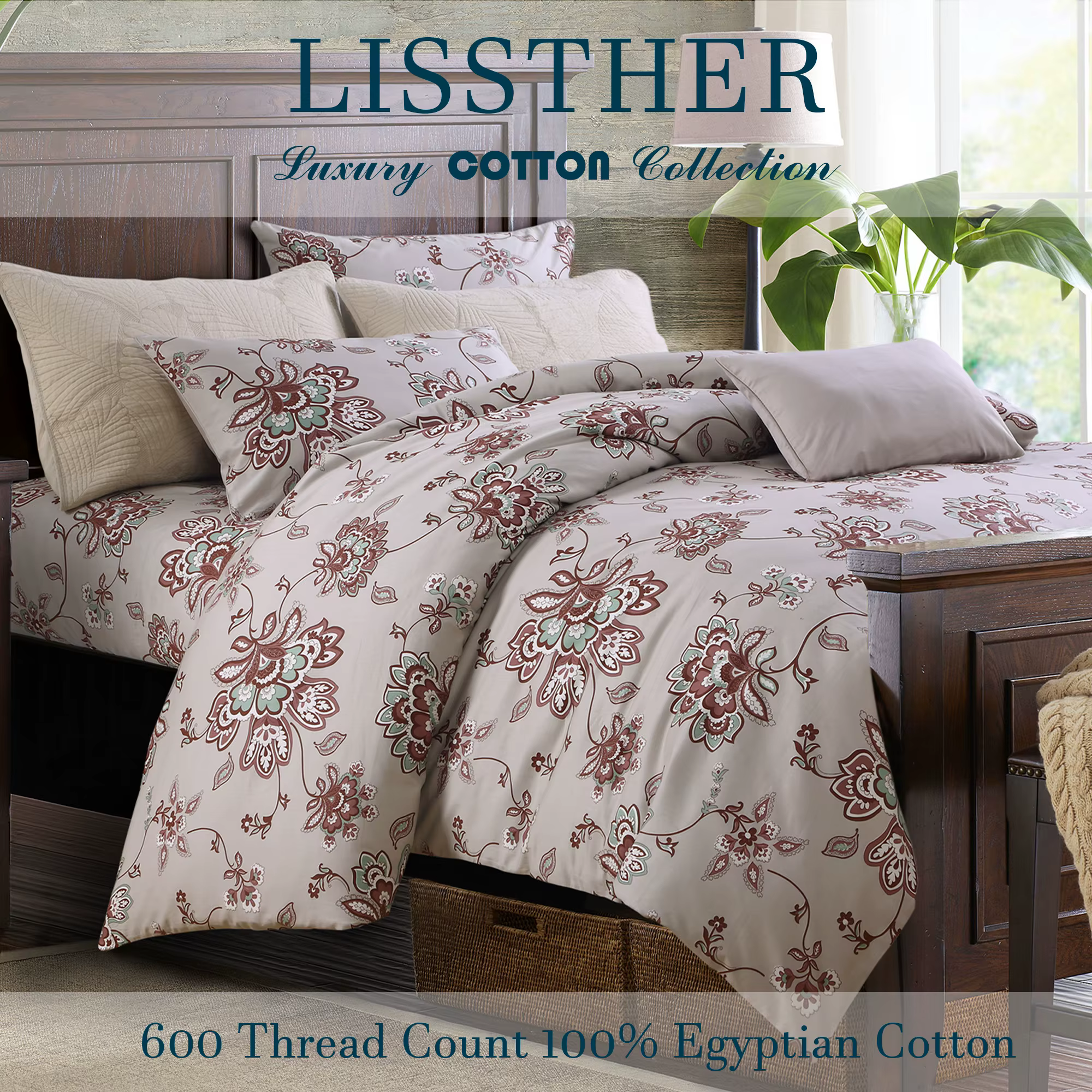 Ensemble de housse de couette 3 pièces 600TC 100% coton égyptien, Vintage rouge foncé Boho damassé F