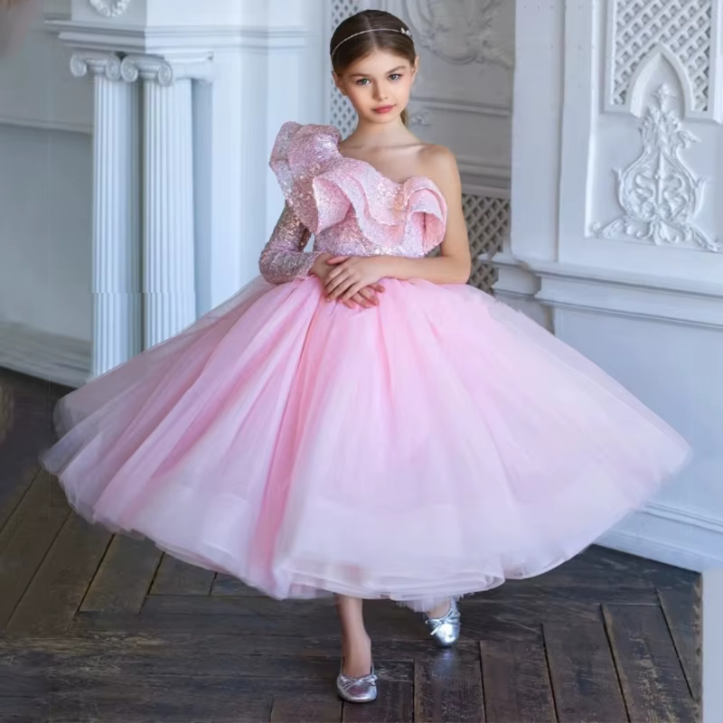 Robe de princesse pour filles 2026, robe de mariée à fleurs, robe de demoiselle d'honneur asymétriqu