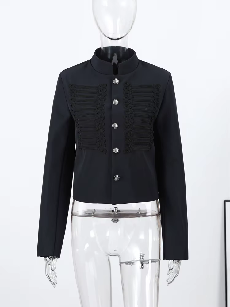 Veste Vintage Femme Col Montant Simple Boutonnage Manches Longues Style Napoléon Manteau Chic Haut d