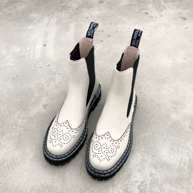 Bottes en cuir à bout rond pour femmes, bottines, style britannique, chaussures pour femmes, automne