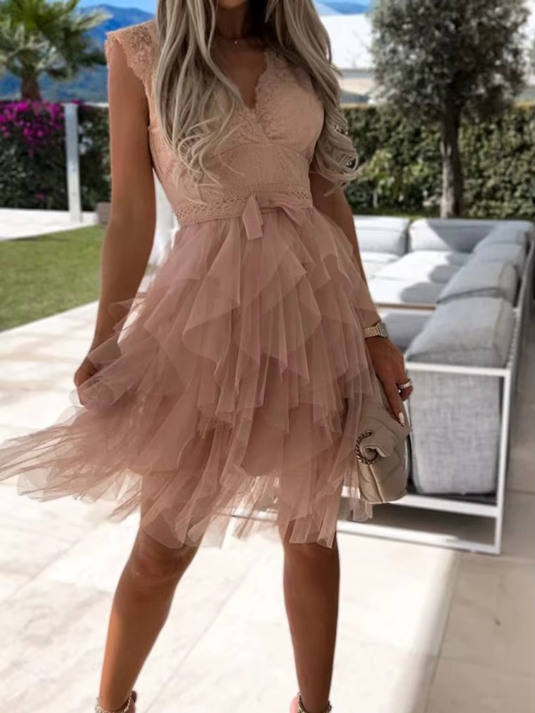 Dentelle col en V femmes taille haute robe unie été dame Patchwork maille robe asymétrique sans manc