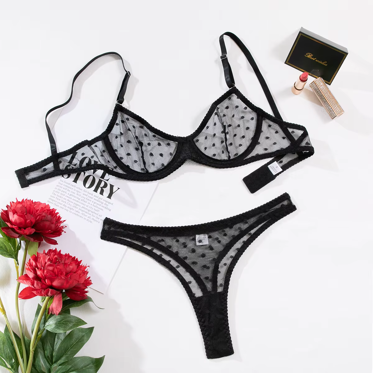 Ensemble soutien-gorge et culotte en maille fine pour femmes, sexy, transparent, moulant, tailles 13