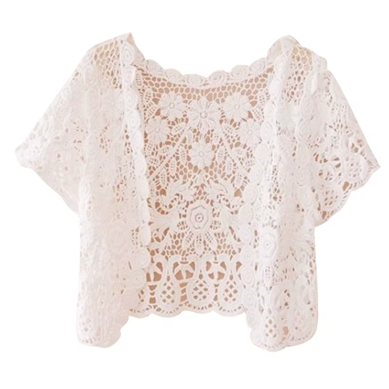 M2EA-Cardigan en dentelle à manches courtes pour femmes, ouvert sur le devant, crochet floral, trans
