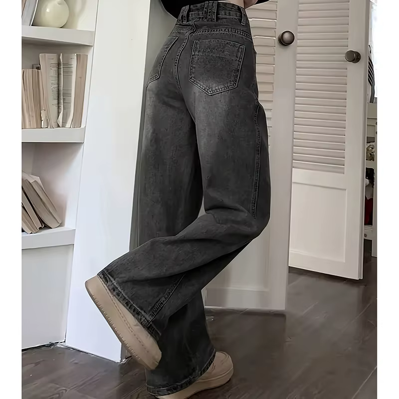 Jean taille haute pour femme, streetwear, designer, jambe large, gris classique, gothique, pantalon 