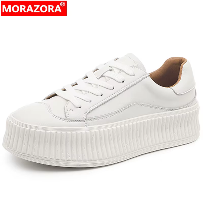 MORAZORA 2026 Nouvelles baskets décontractées à plateforme pour femmes, en cuir véritable, à lacets,