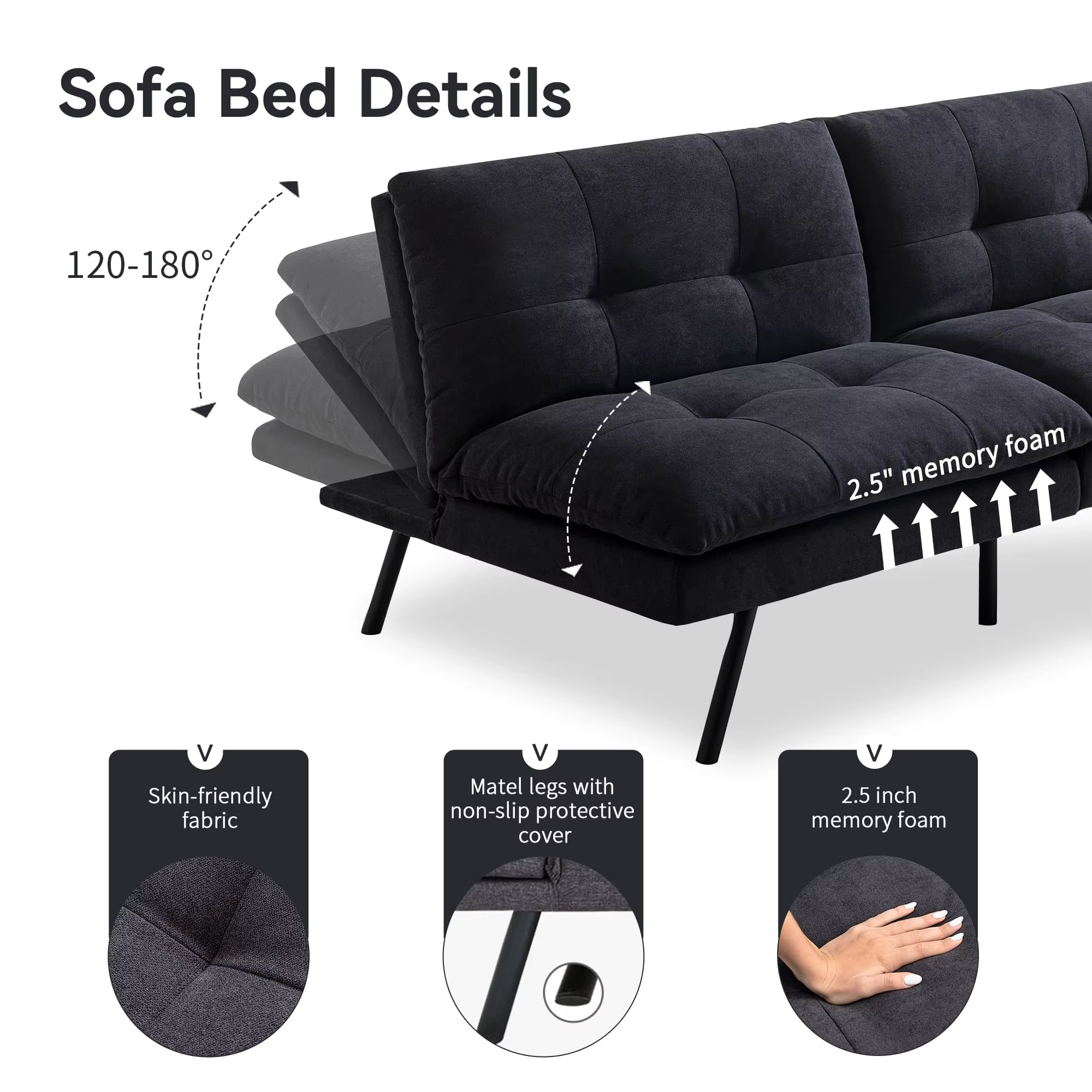 Hcore-Canapé-lit en mousse à mémoire de forme, sofa convertible, causeuse noire pour petits espaces,