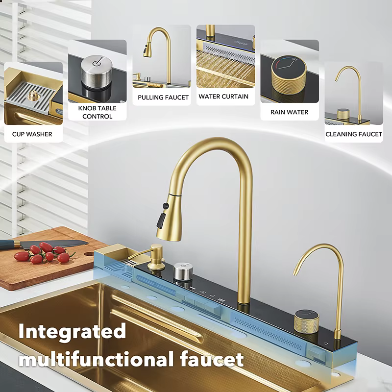 Évier de Cuisine en Acier Inoxydable localité à Double Cascade, Grand Lavabo en Relief à une Fente,