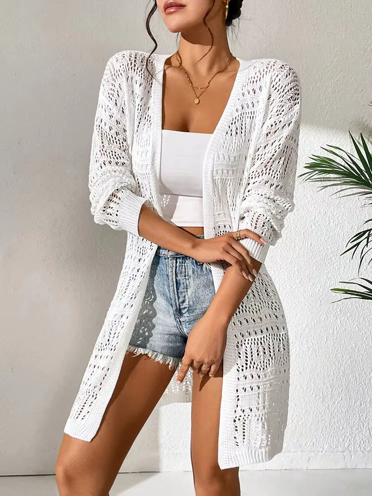 Cardigan tricoté en polyester 100.00% de couleur unie avec pare-soleil et coupe ample, mi-long et pu
