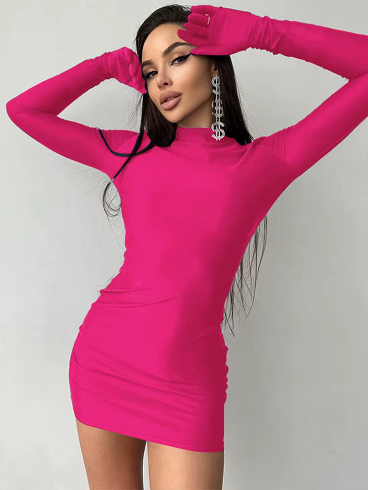 Mini robe moulante à manches longues avec gants, couleur unie, Sexy, Streetwear, tenue de fête, demi