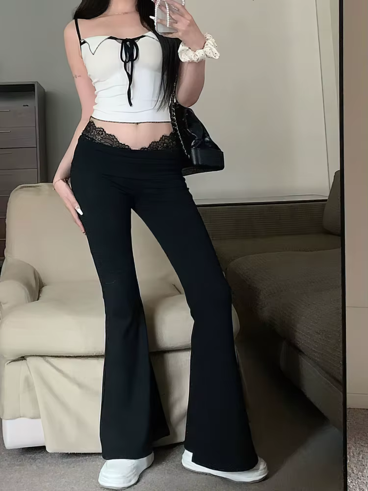 Dentelle Sport jambe large taille haute pantalon femmes serré Yoga pantalon évasé Baggy décontracté