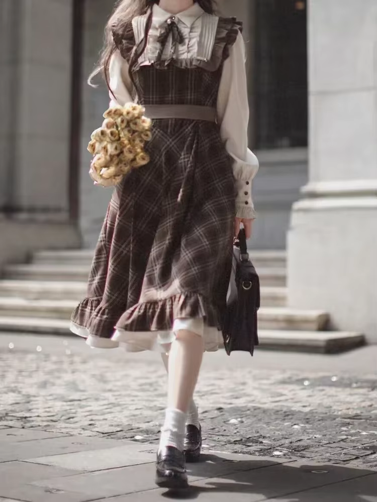 Faux robe deux pièces pour femmes, jupe longue, coupe cintrée, Vintage, Lolita, nœud à carreaux, nou