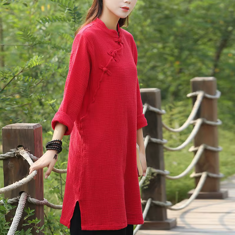 Robe en lin de coton pour femmes, robe vintage à boutons chinois, tenue chic et décontractée, robe é