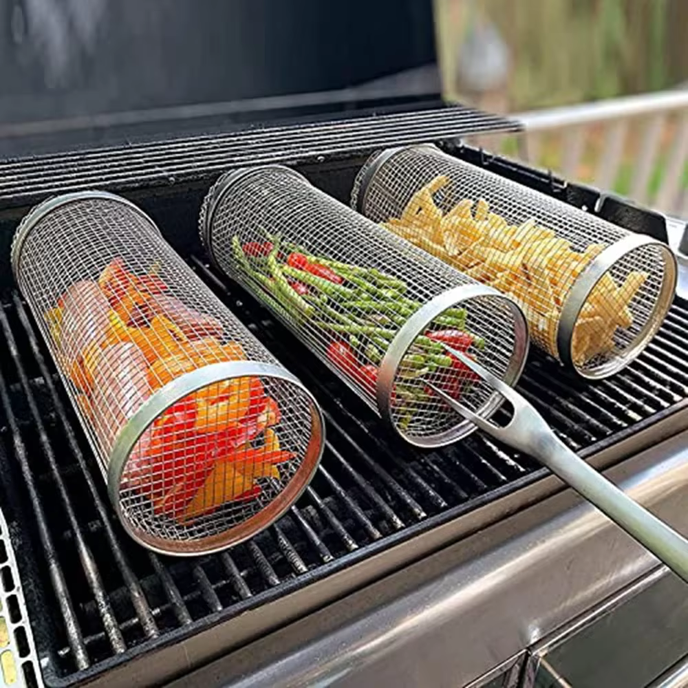 Panier de barbecue roulant-le plus grand panier à griller jamais, maille de gril ronde en acier inox